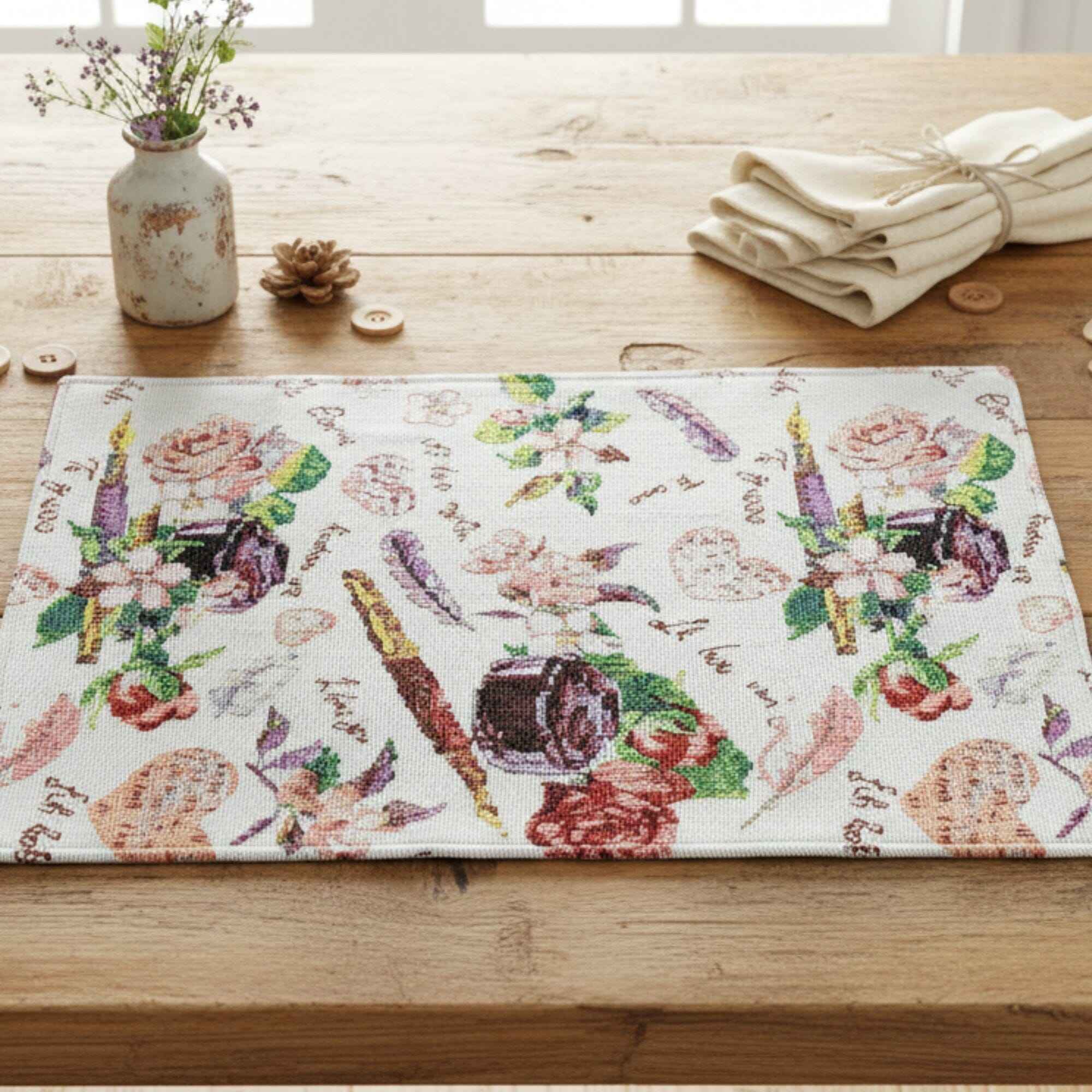 DaDa Bedding Set of 4-Pieces Sweet Love Notes Pink Floral Tapestry Dining Table Placemats 13” x 19”